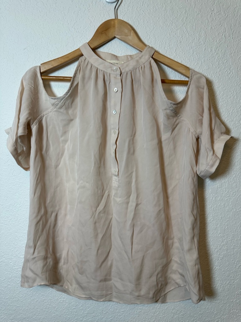 Cold-Shoulder Silk Blouse in Blush Pink
